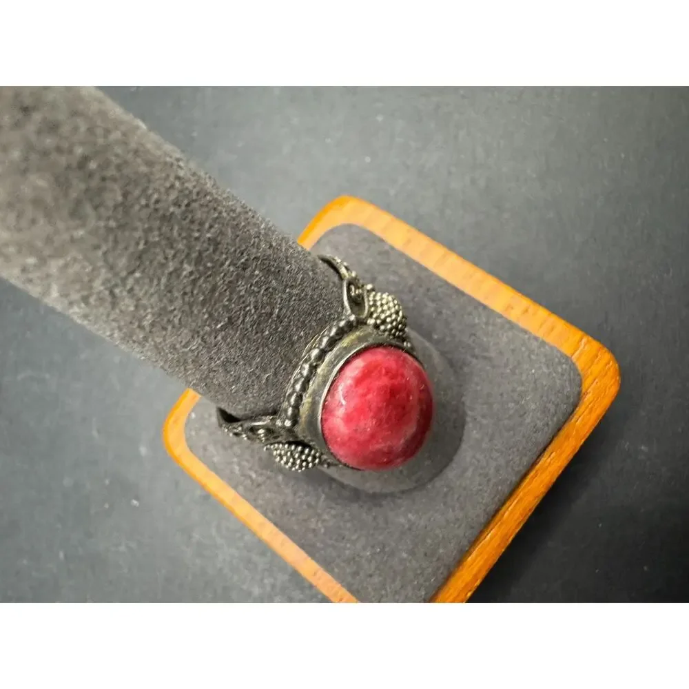 Vintage 925 Sterling Silver Natural Pink Thulite Boho Statement Ring Size 10